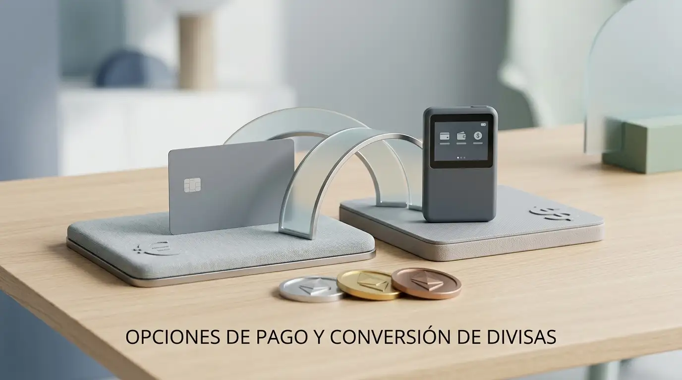 Ilustración editorial de tarjeta, monedero digital y criptomonedas junto a referencias genéricas a EUR y USD
