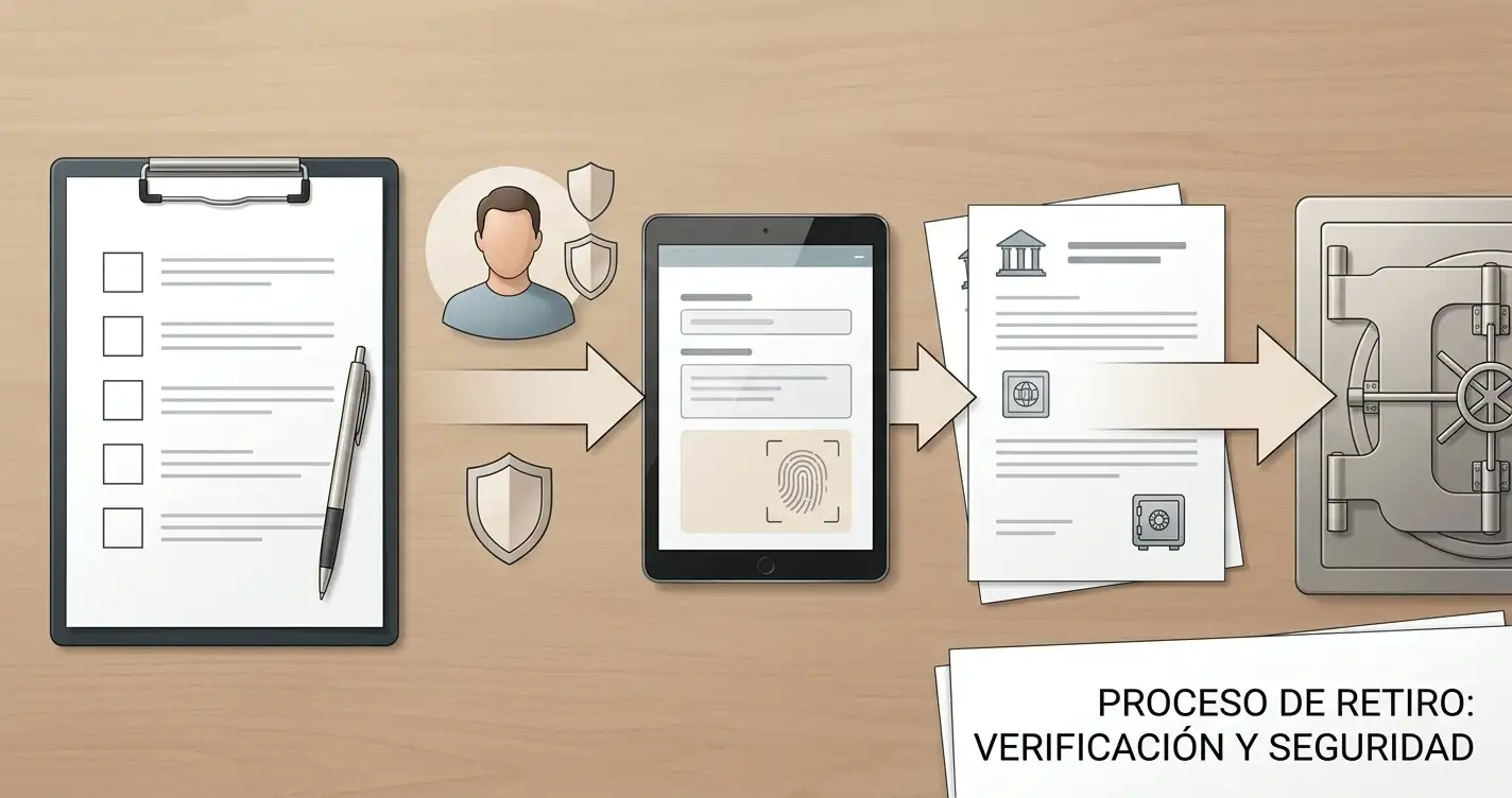 Ilustración editorial de un proceso de retirada con lista de verificación y una transferencia bancaria abstracta