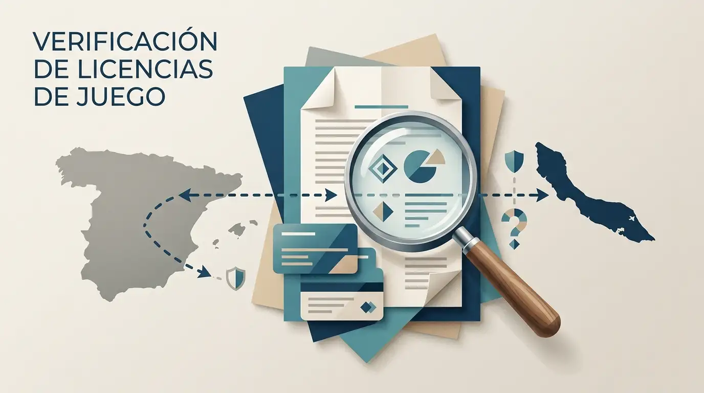 Ilustración editorial de documentos regulatorios, mapa abstracto de España y Curazao y una lupa, sin sellos ni logotipos oficiales