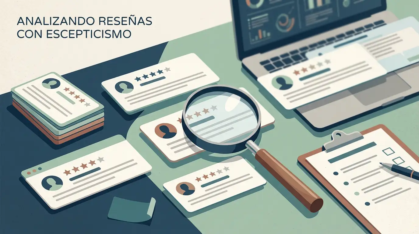 Ilustración abstracta de reseñas con estrellas, lupa y lista de comprobación, sin marcas reales ni texto