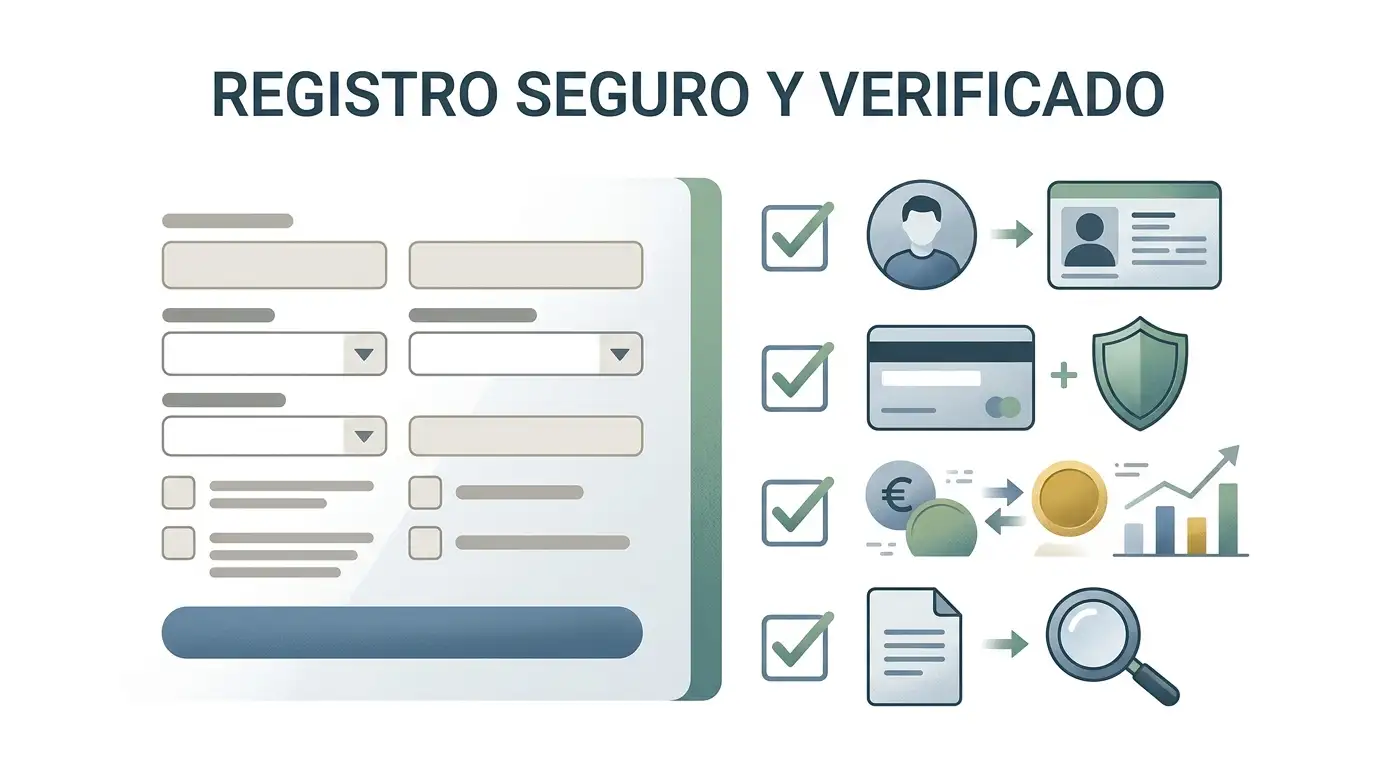 Ilustración editorial de un formulario de registro genérico junto a una lista de comprobaciones de identidad, pagos y juego responsable