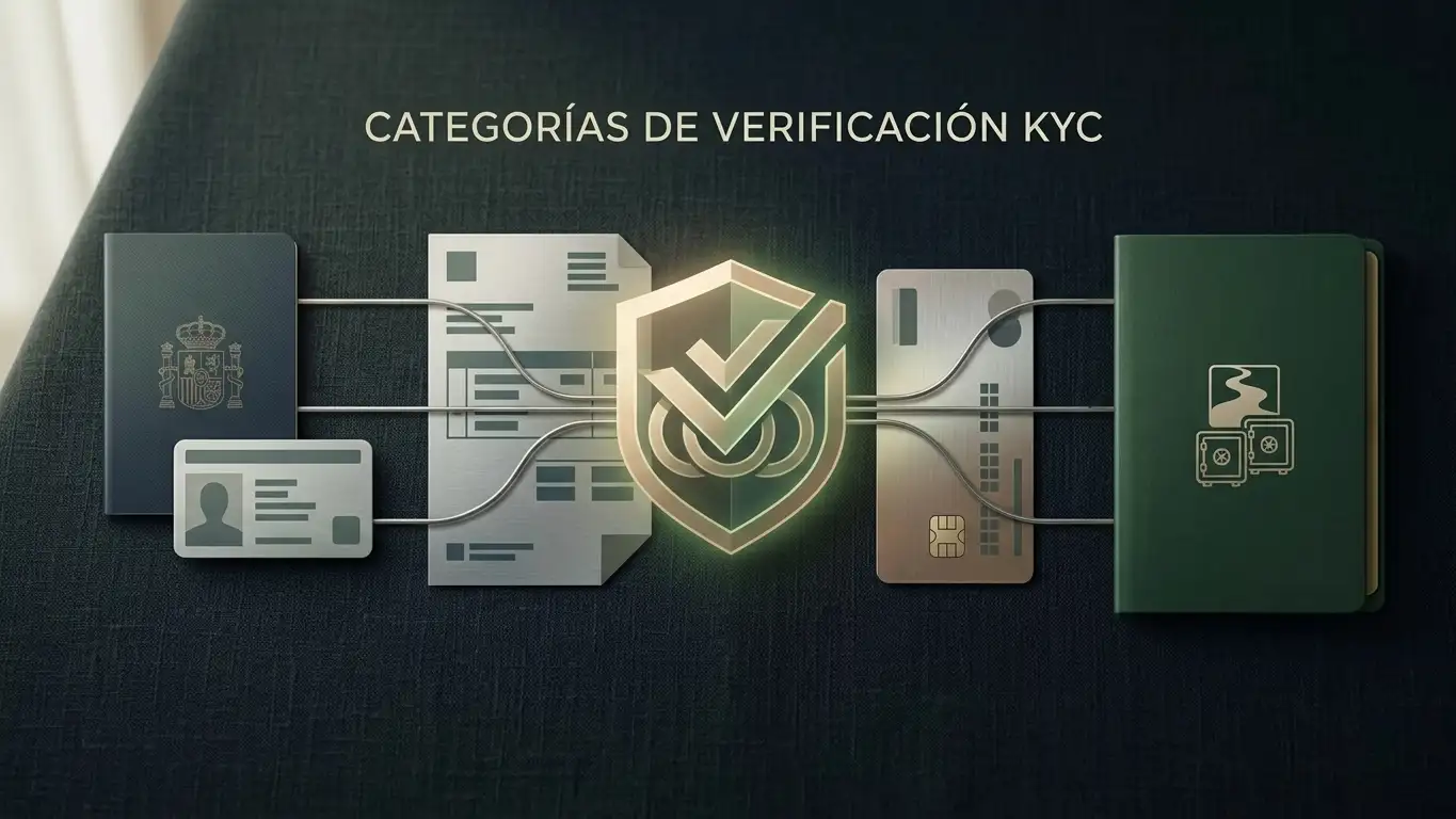 Ilustración editorial abstracta de documento de identidad, comprobante de domicilio, tarjeta y símbolo de verificación sin datos personales reales