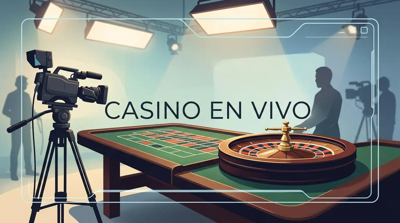 Ilustración editorial de una mesa de ruleta en vivo con cámara de estudio, sin logotipos ni interfaz real