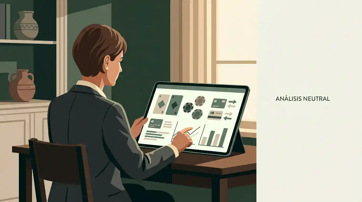 Ilustración editorial de una persona evaluando bonos, pagos, juegos y confianza de un casino online para España
