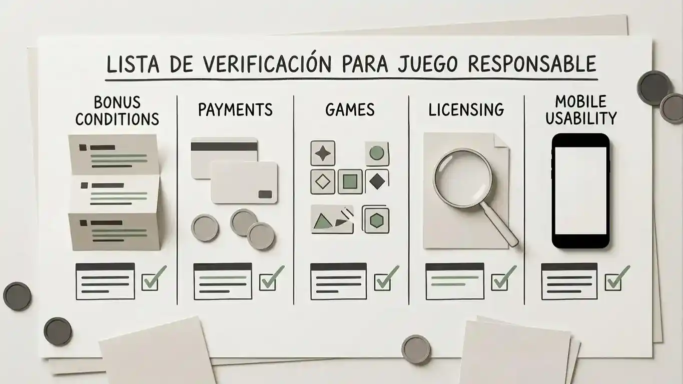 Ilustración editorial con una lista de comprobación sobre bonos, pagos, juegos, licencia y experiencia móvil